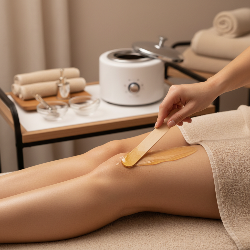 Manos esteticista aplicando cera